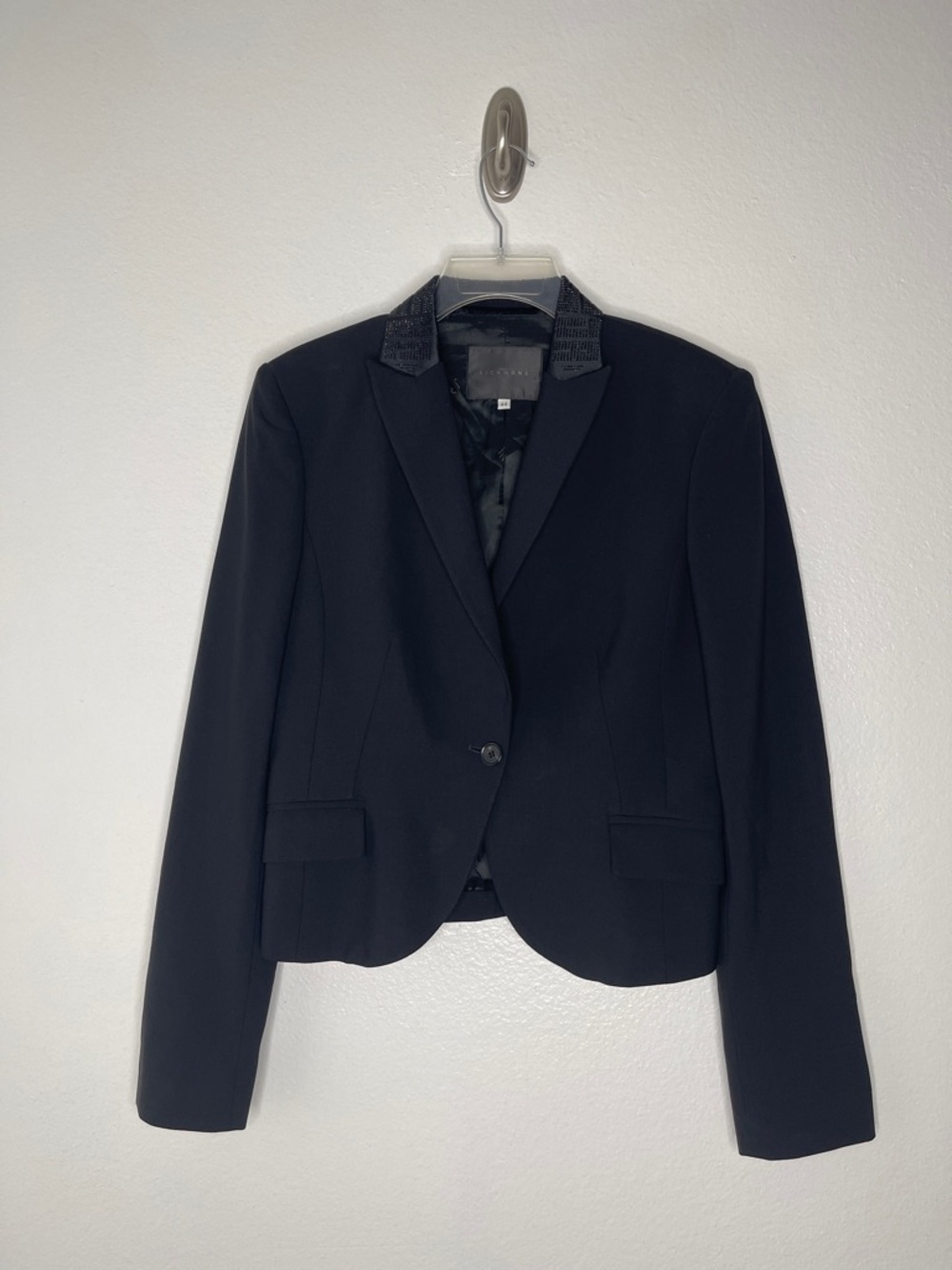 John Richmond Women's Black Crystal Studded Collar Wool Blend Blazer Sz 44 US 8
